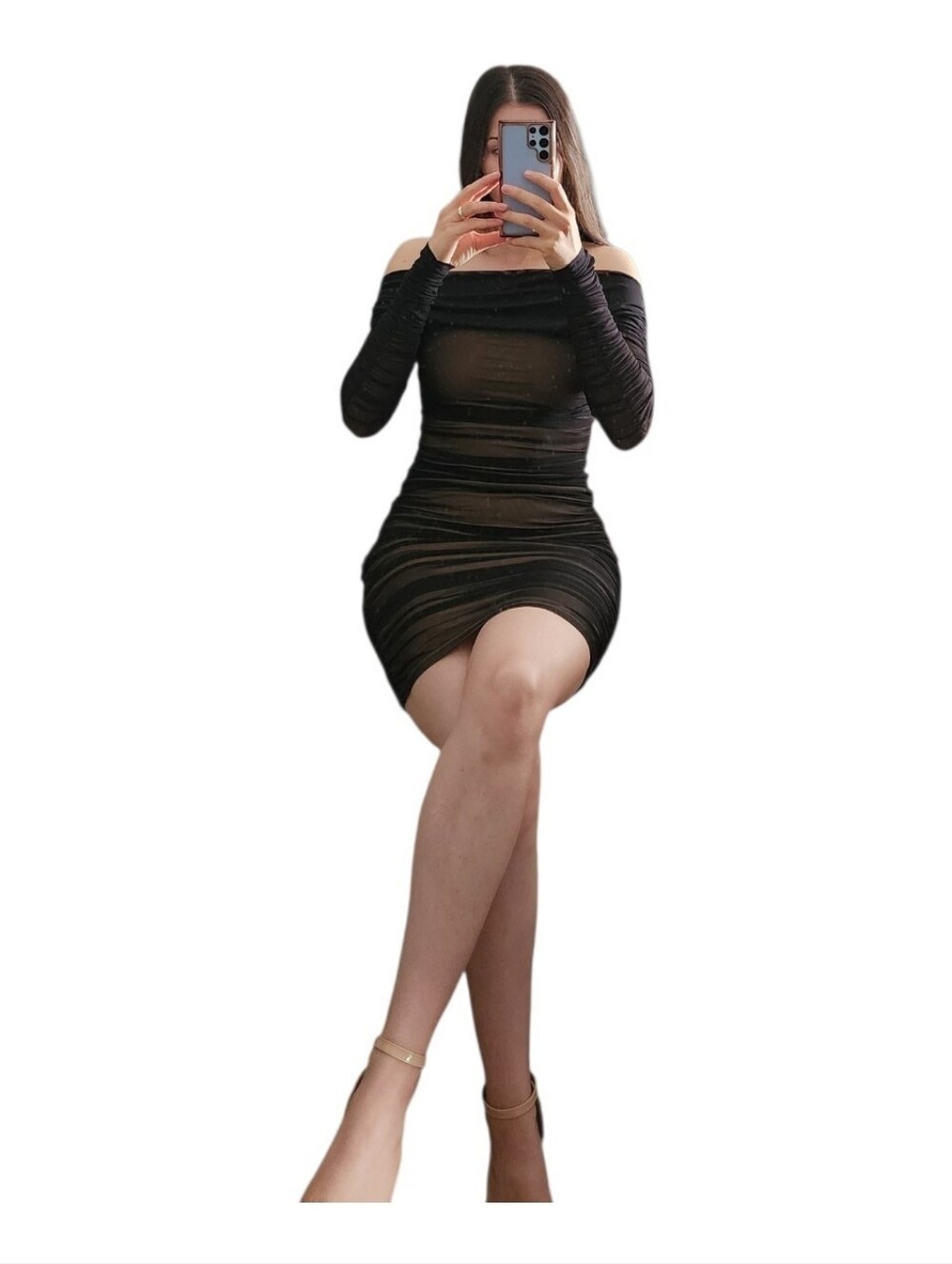 Ready In A Ruched Off Shoulder Mid Dress - Black